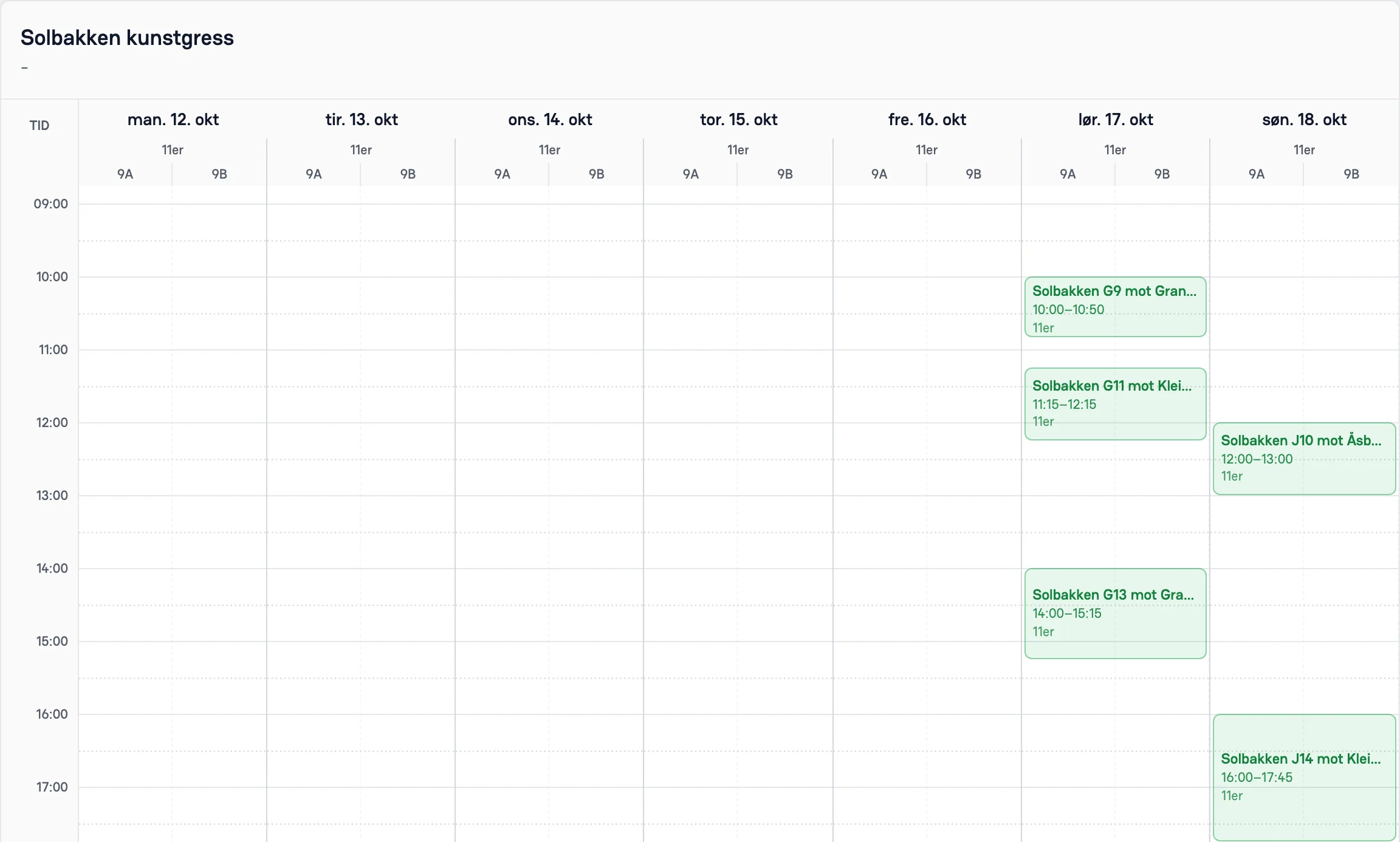 Eksempel på banekalender fra demoklubben Solbakken IL